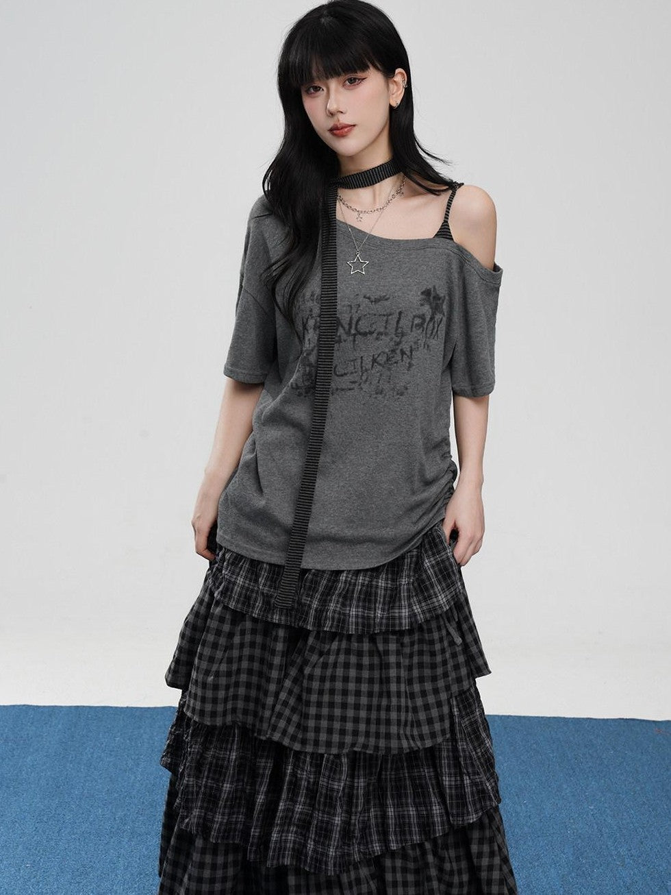 VEEMIX Asymmetric Drawstring Letter Print Women's Cotton Blend Off-shoulder T-shirts