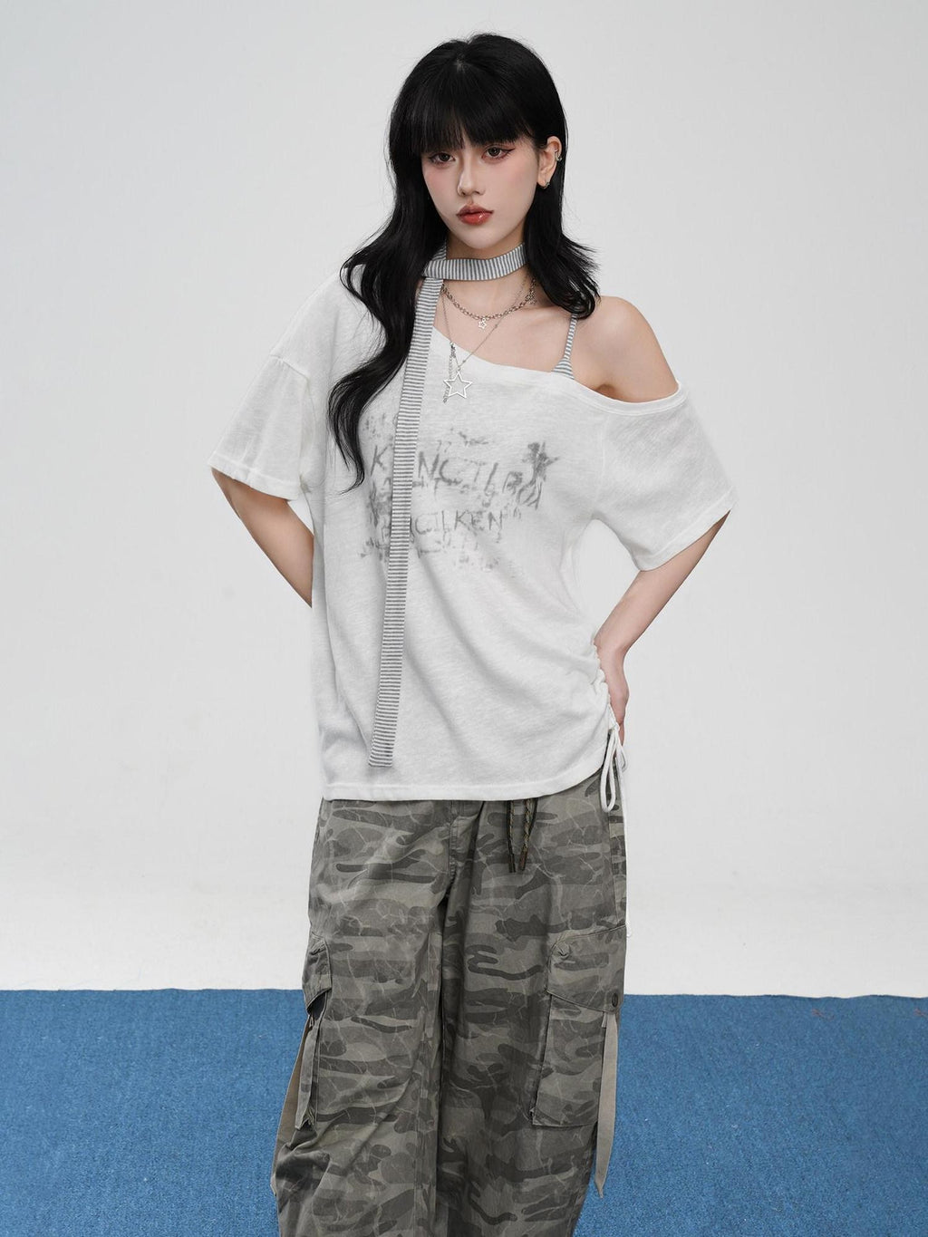 VEEMIX Asymmetric Drawstring Letter Print Women's Cotton Blend Off-shoulder T-shirts
