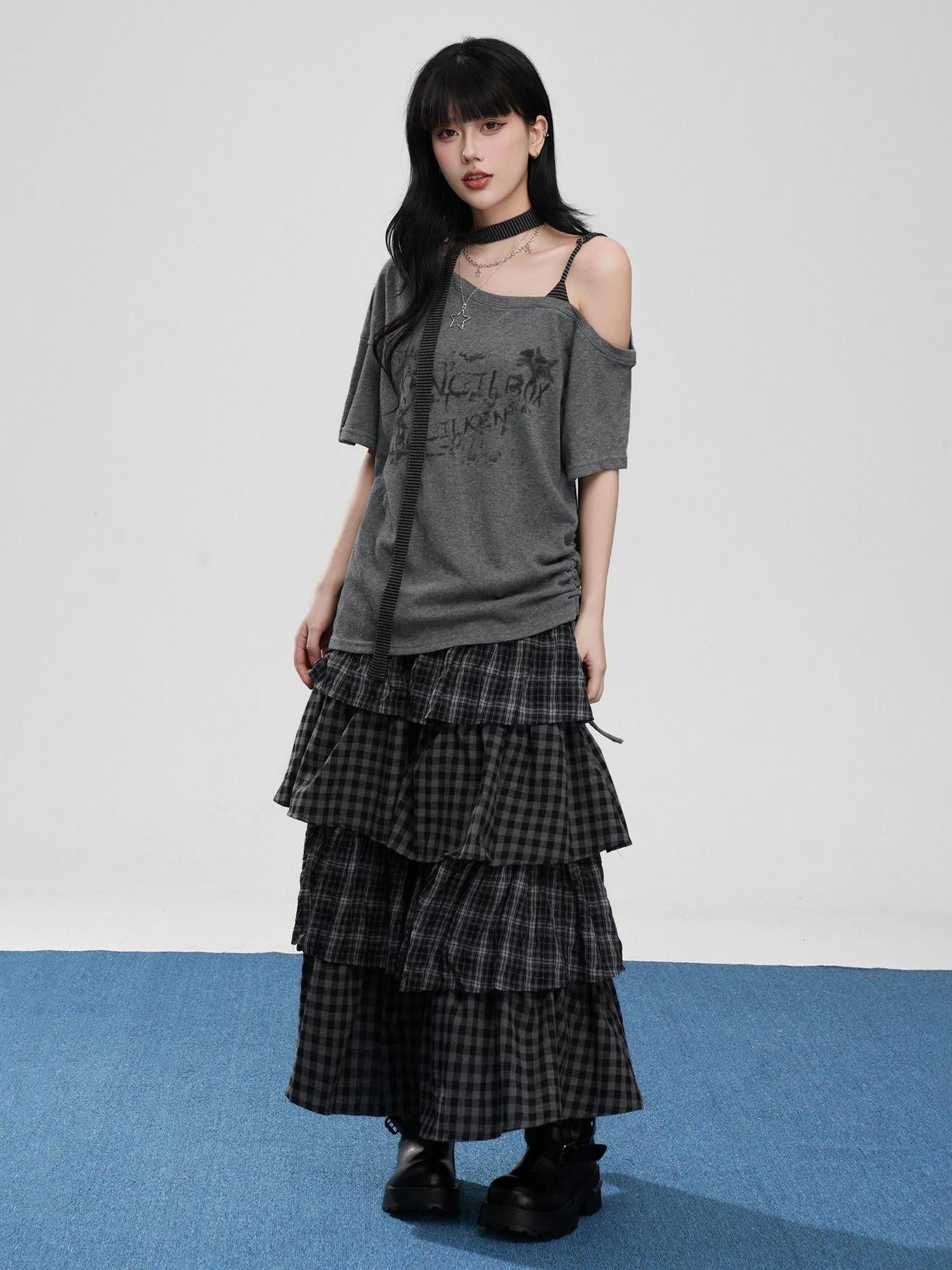 VEEMIX Asymmetric Drawstring Letter Print Women's Cotton Blend Off-shoulder T-shirts