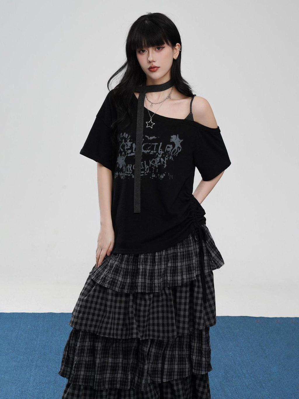 VEEMIX Asymmetric Drawstring Letter Print Women's Cotton Blend Off-shoulder T-shirts