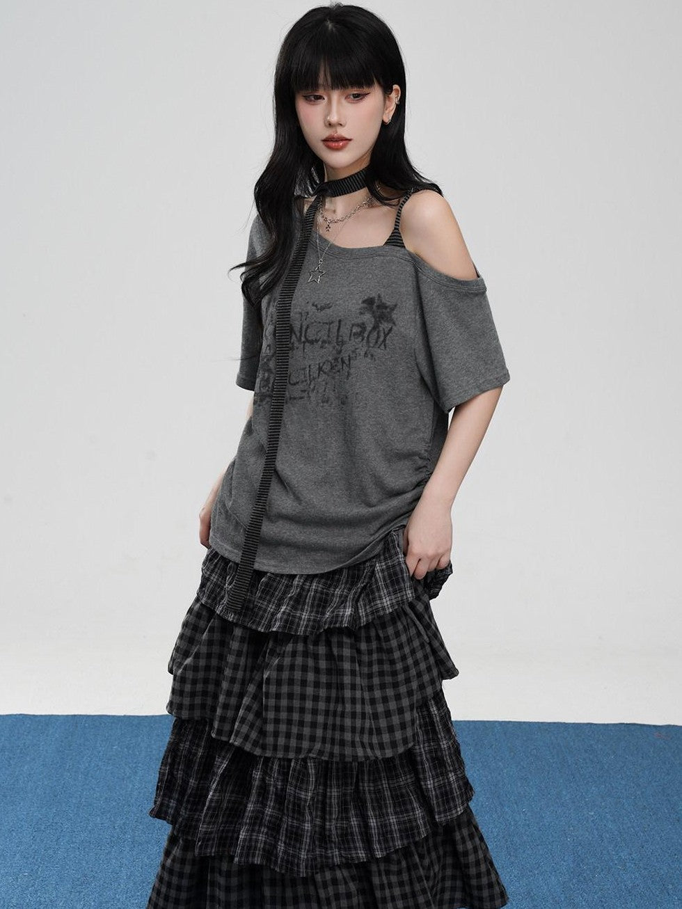 VEEMIX Asymmetric Drawstring Letter Print Women's Cotton Blend Off-shoulder T-shirts