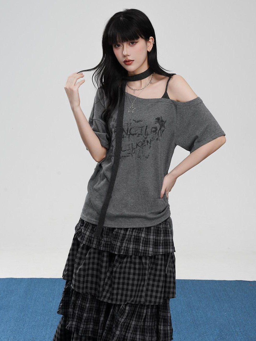 VEEMIX Asymmetric Drawstring Letter Print Women's Cotton Blend Off-shoulder T-shirts
