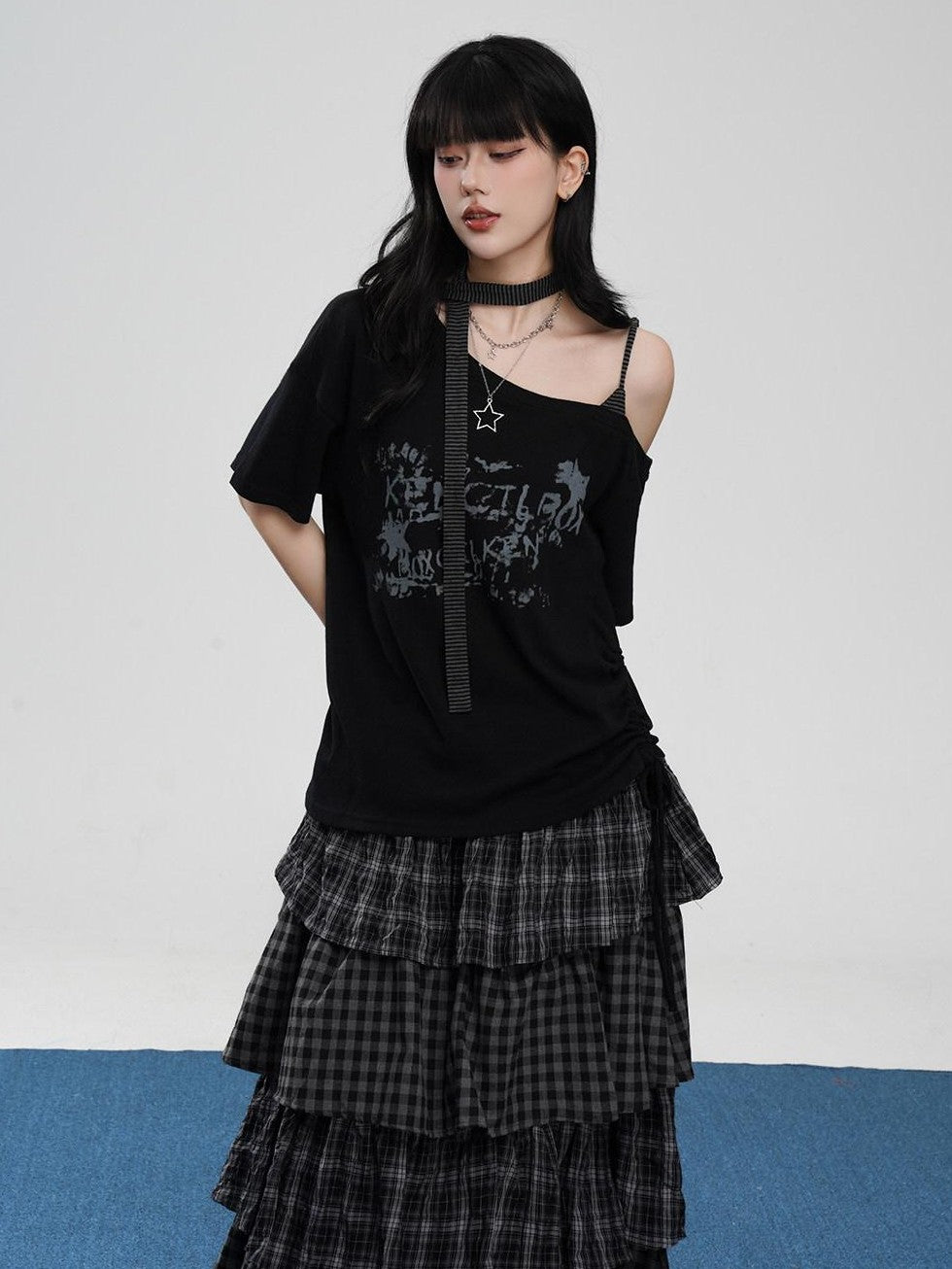VEEMIX Asymmetric Drawstring Letter Print Women's Cotton Blend Off-shoulder T-shirts