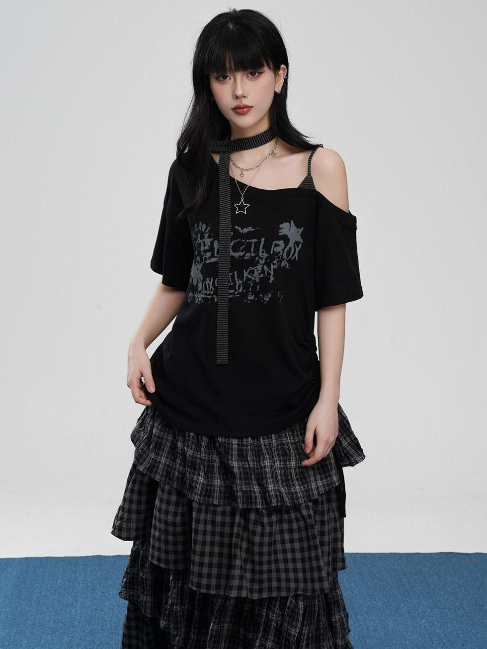 VEEMIX Asymmetric Drawstring Letter Print Women's Cotton Blend Off-shoulder T-shirts