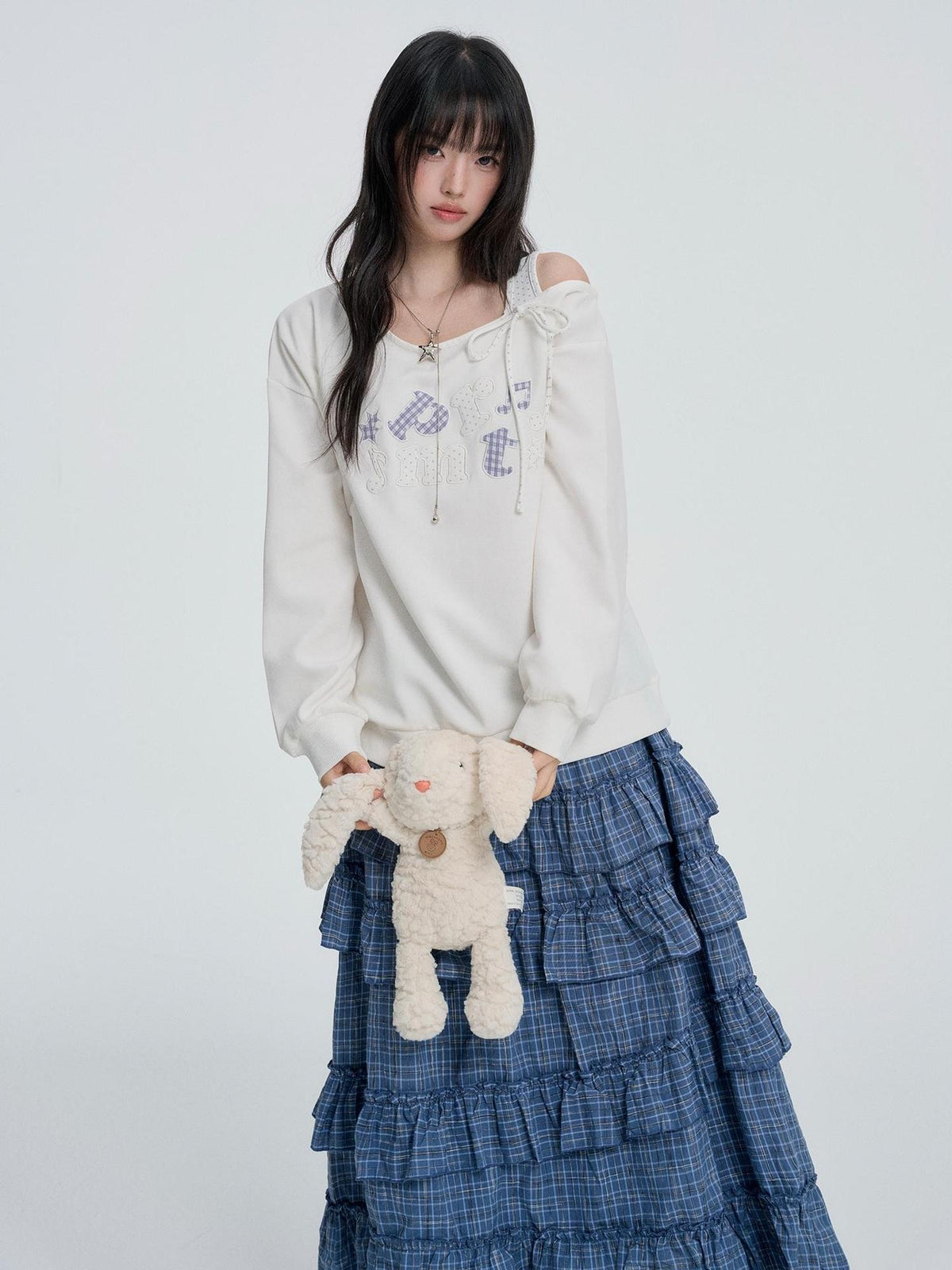 VEEMIX Asymmetric Embroidered Letter Lace Up Women's Sweatshirts