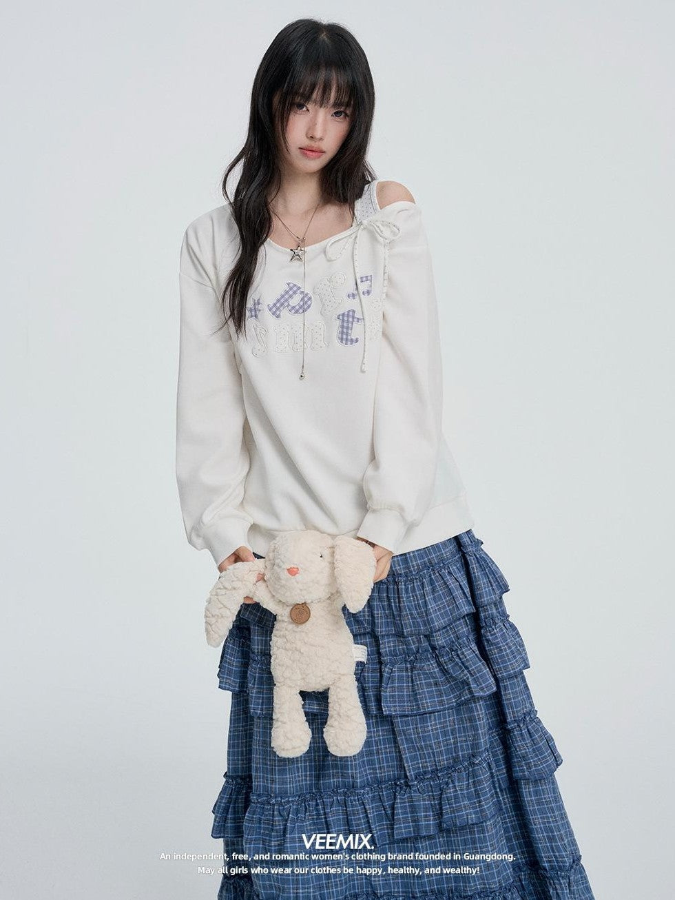 VEEMIX Asymmetric Embroidered Letter Lace Up Women's Sweatshirts