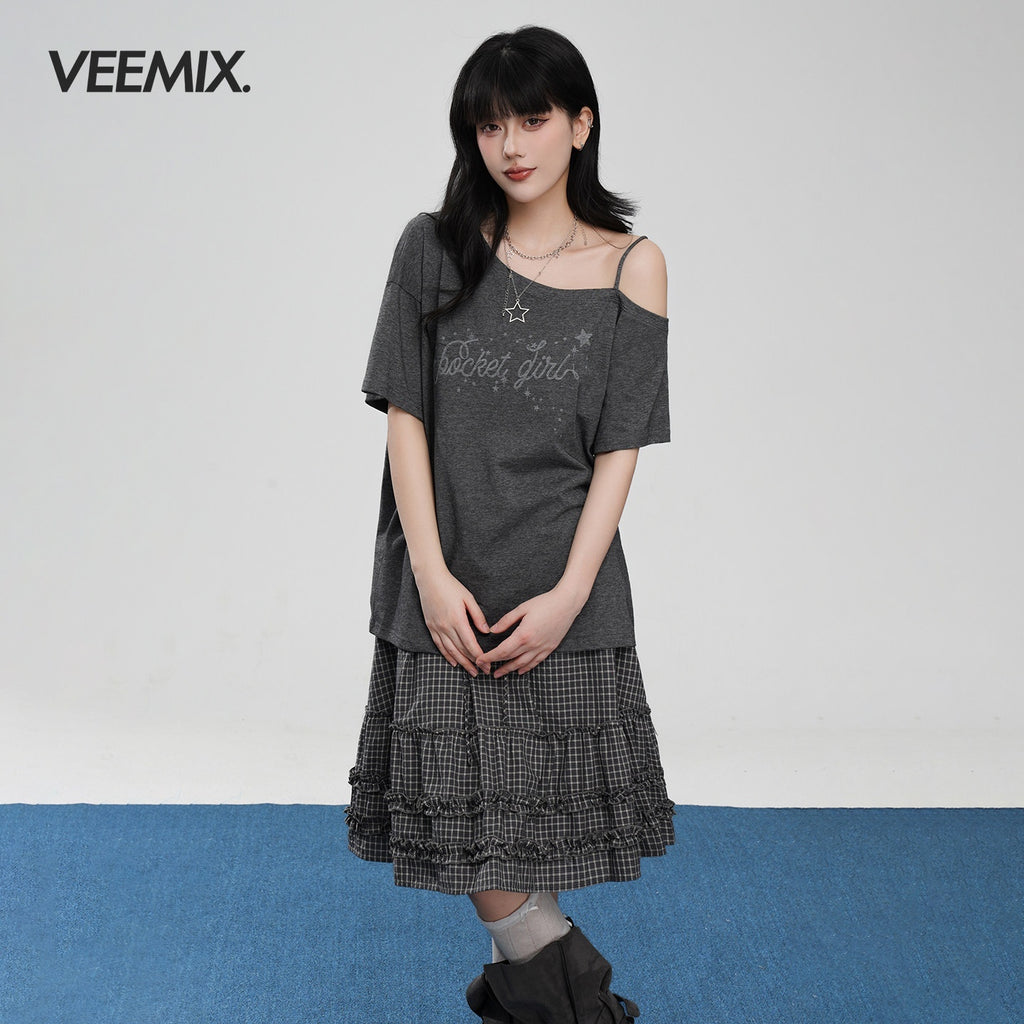VEEMIX_Asymmetric_Letter_Print_Women's_Tencel_Cotton_Blend_Off-shoulder_T-shirts_1046176102421_MISSTT