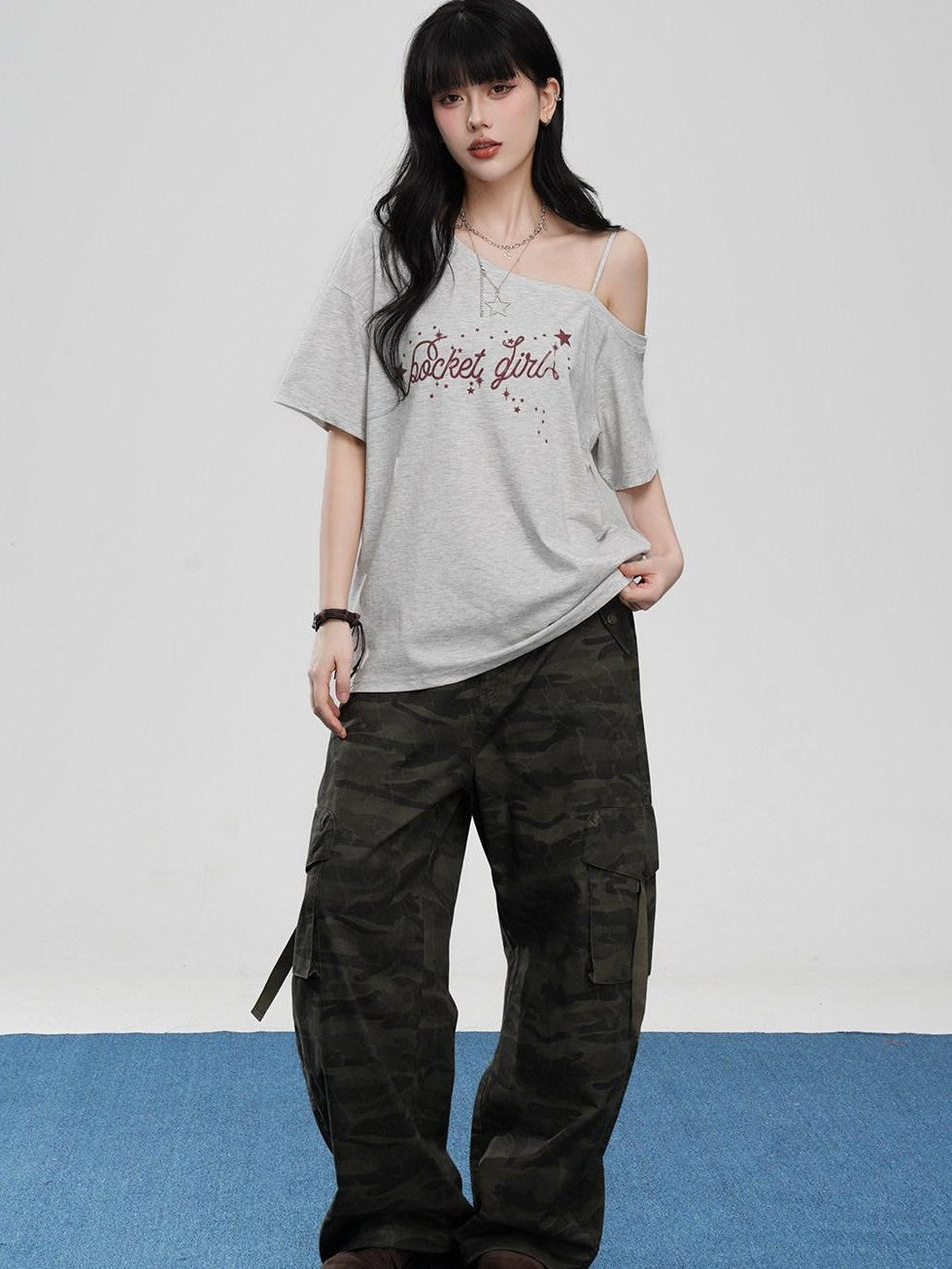 VEEMIX Asymmetric Letter Print Women's Tencel Cotton Blend Off-shoulder T-shirts