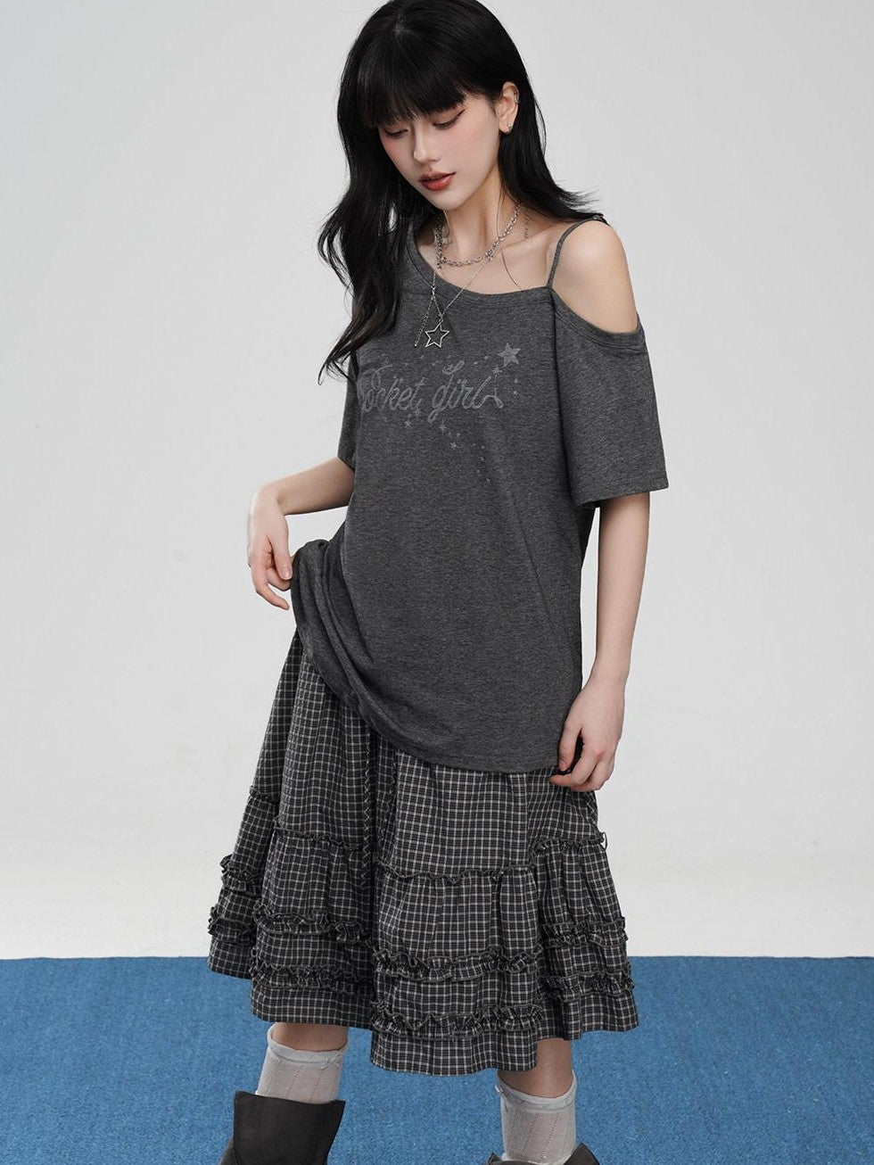 VEEMIX Asymmetric Letter Print Women's Tencel Cotton Blend Off-shoulder T-shirts
