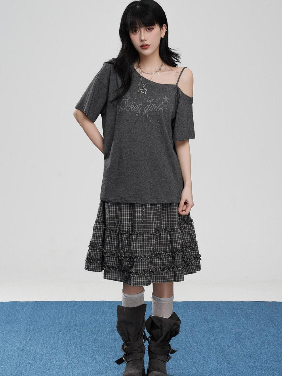 VEEMIX Asymmetric Letter Print Women's Tencel Cotton Blend Off-shoulder T-shirts