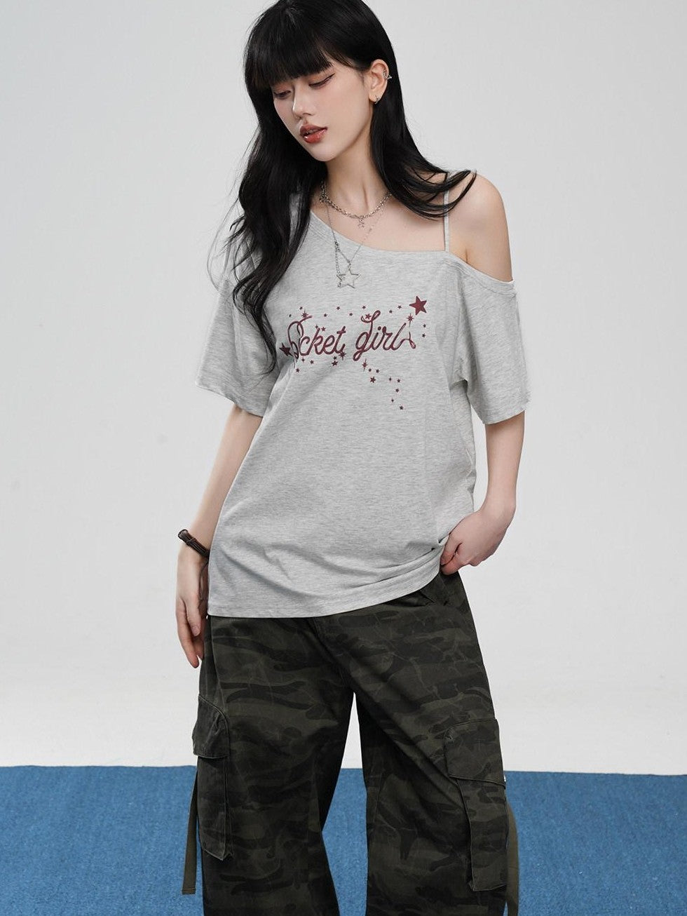 VEEMIX Asymmetric Letter Print Women's Tencel Cotton Blend Off-shoulder T-shirts
