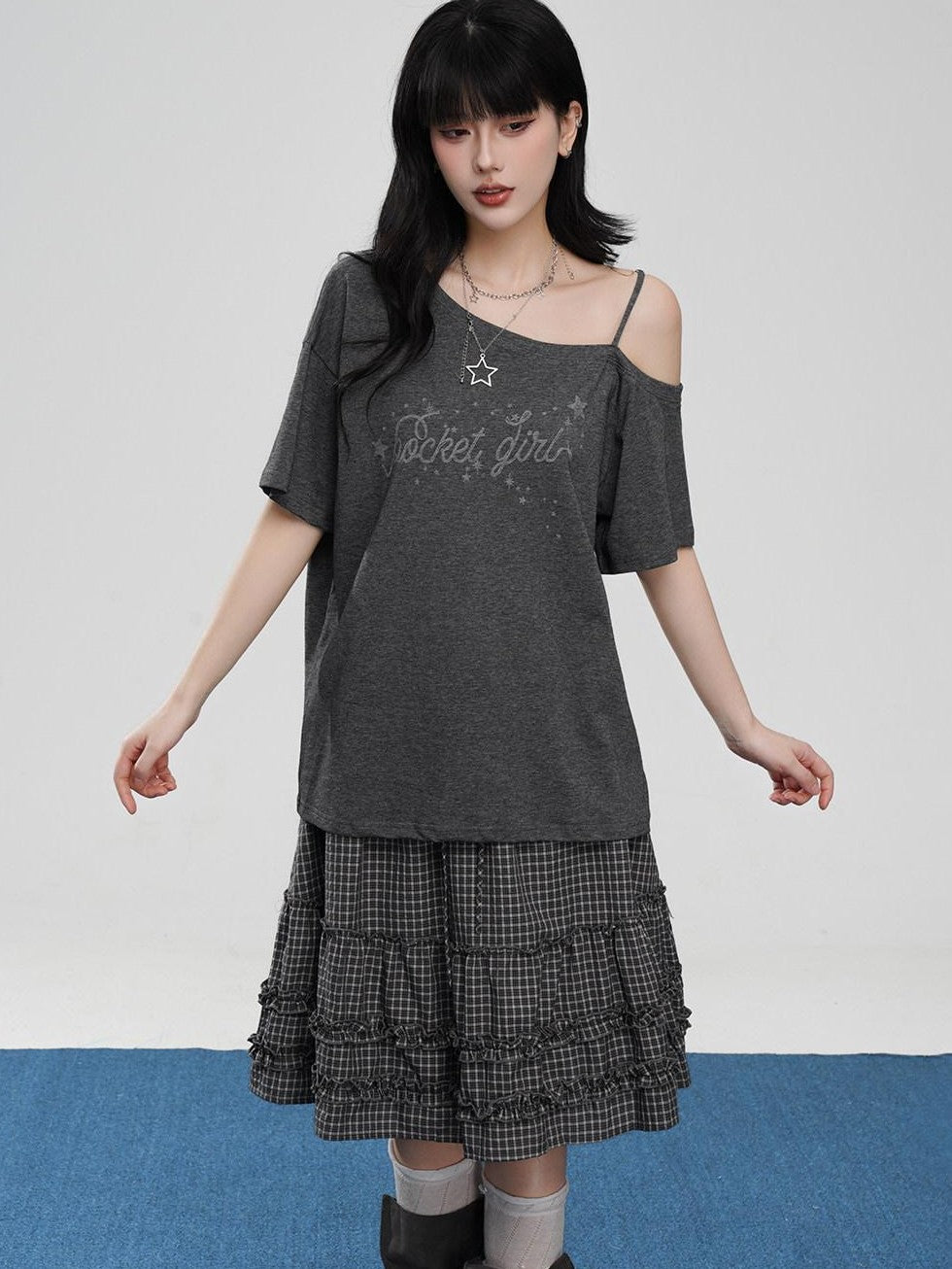 VEEMIX Asymmetric Letter Print Women's Tencel Cotton Blend Off-shoulder T-shirts