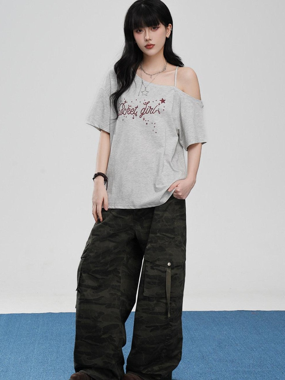 VEEMIX Asymmetric Letter Print Women's Tencel Cotton Blend Off-shoulder T-shirts