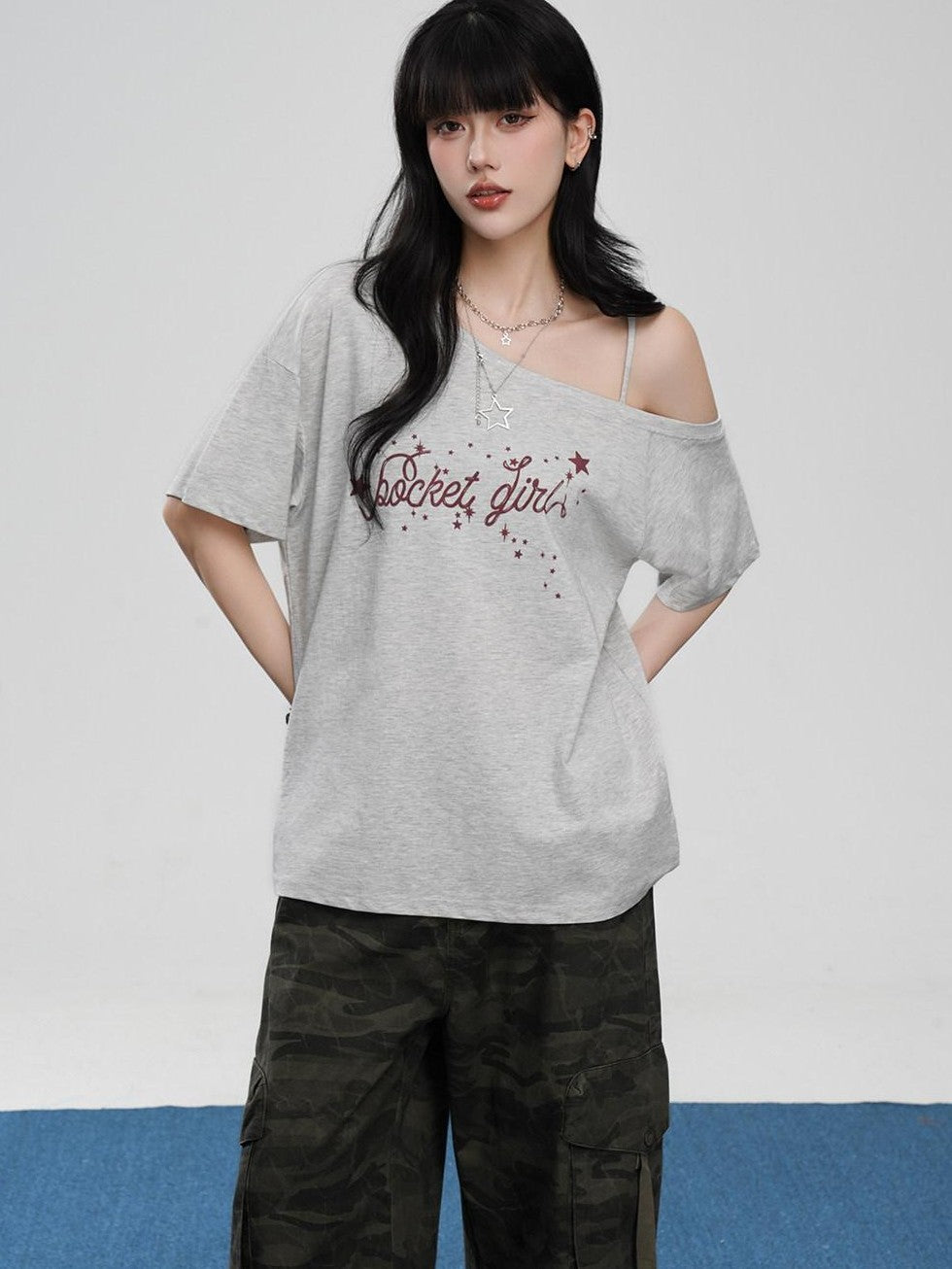 VEEMIX Asymmetric Letter Print Women's Tencel Cotton Blend Off-shoulder T-shirts