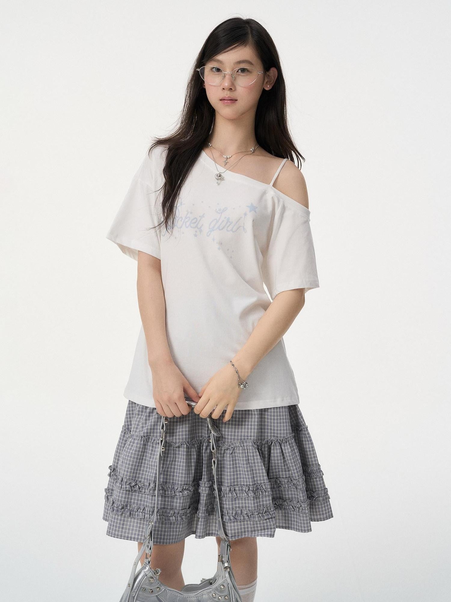 VEEMIX Asymmetric Letter Print Women's Tencel Cotton Blend Off-shoulder T-shirts