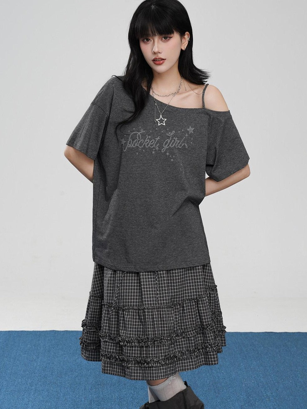 VEEMIX Asymmetric Letter Print Women's Tencel Cotton Blend Off-shoulder T-shirts