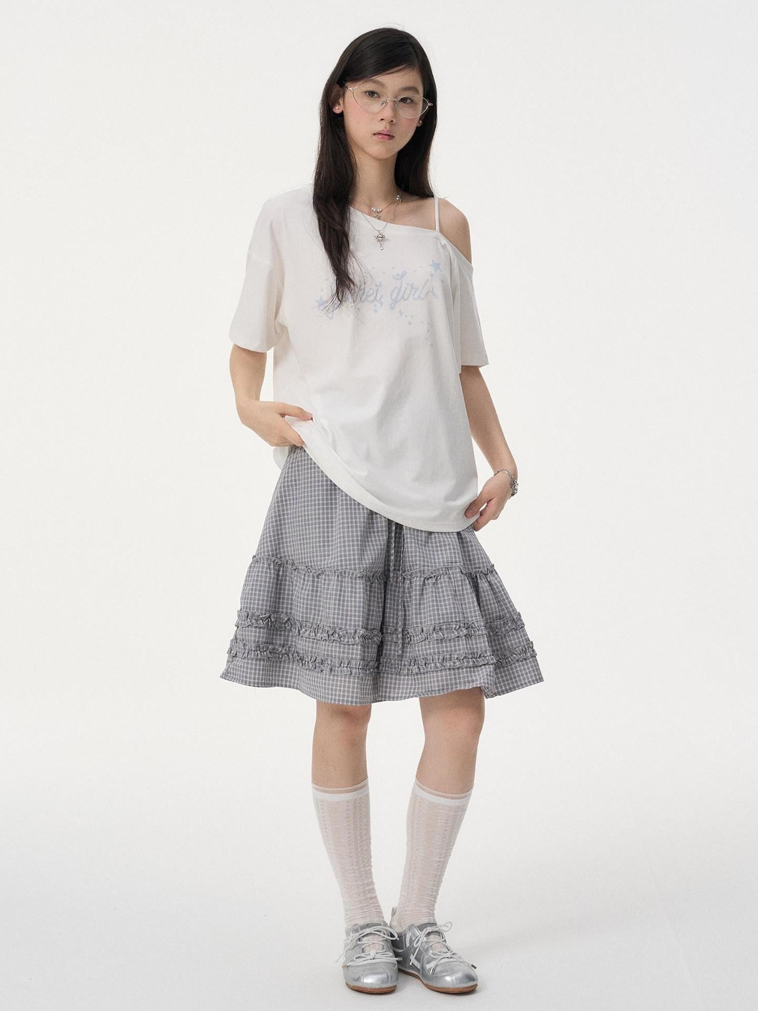 VEEMIX Asymmetric Letter Print Women's Tencel Cotton Blend Off-shoulder T-shirts