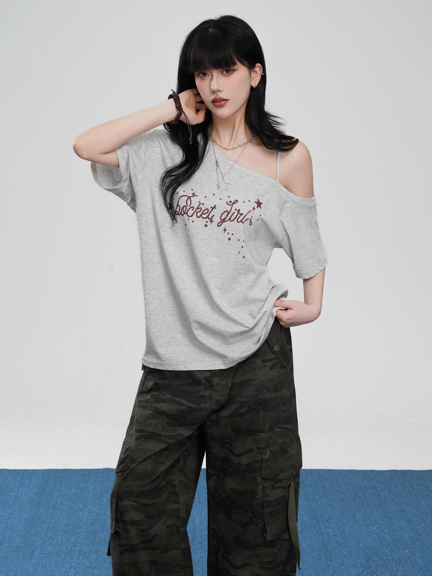 VEEMIX Asymmetric Letter Print Women's Tencel Cotton Blend Off-shoulder T-shirts