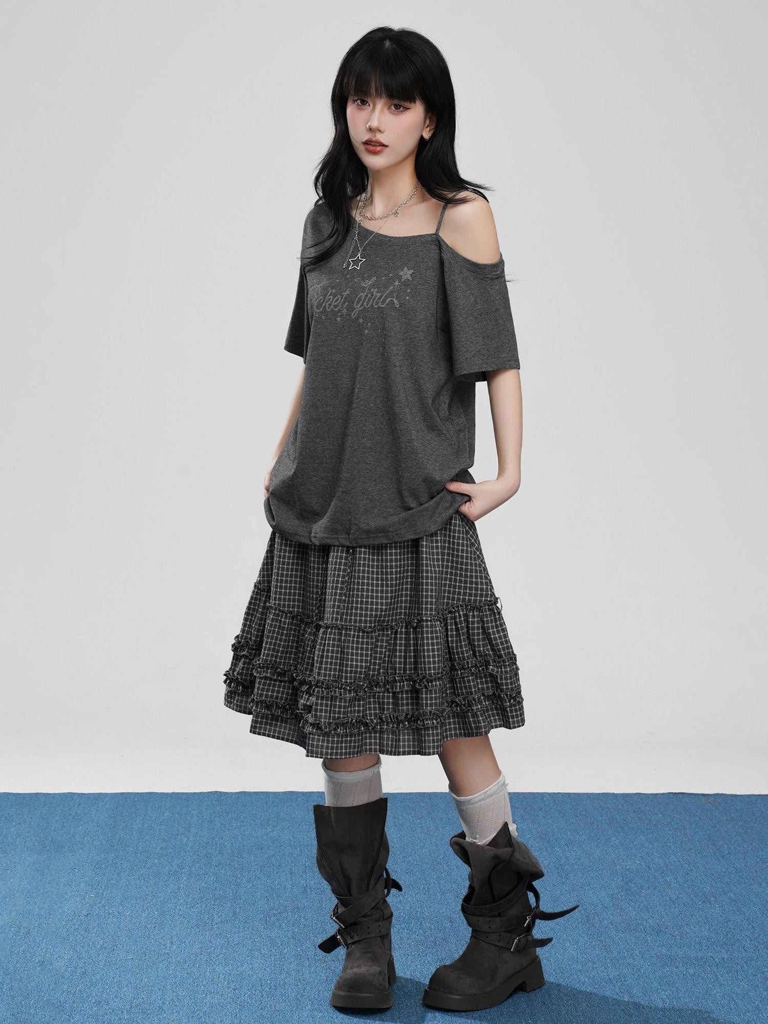 VEEMIX Asymmetric Letter Print Women's Tencel Cotton Blend Off-shoulder T-shirts