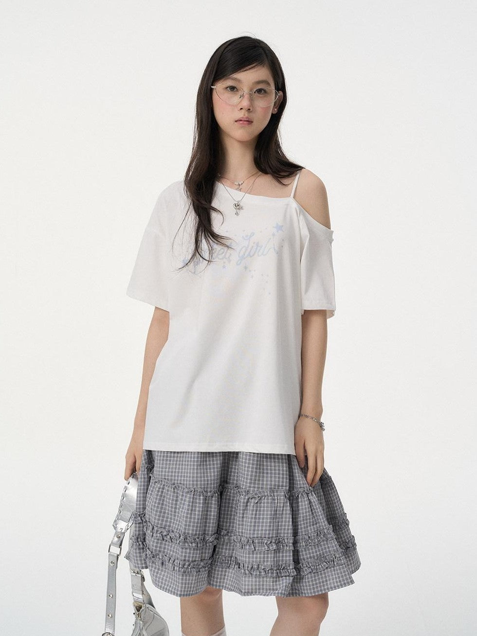 VEEMIX Asymmetric Letter Print Women's Tencel Cotton Blend Off-shoulder T-shirts