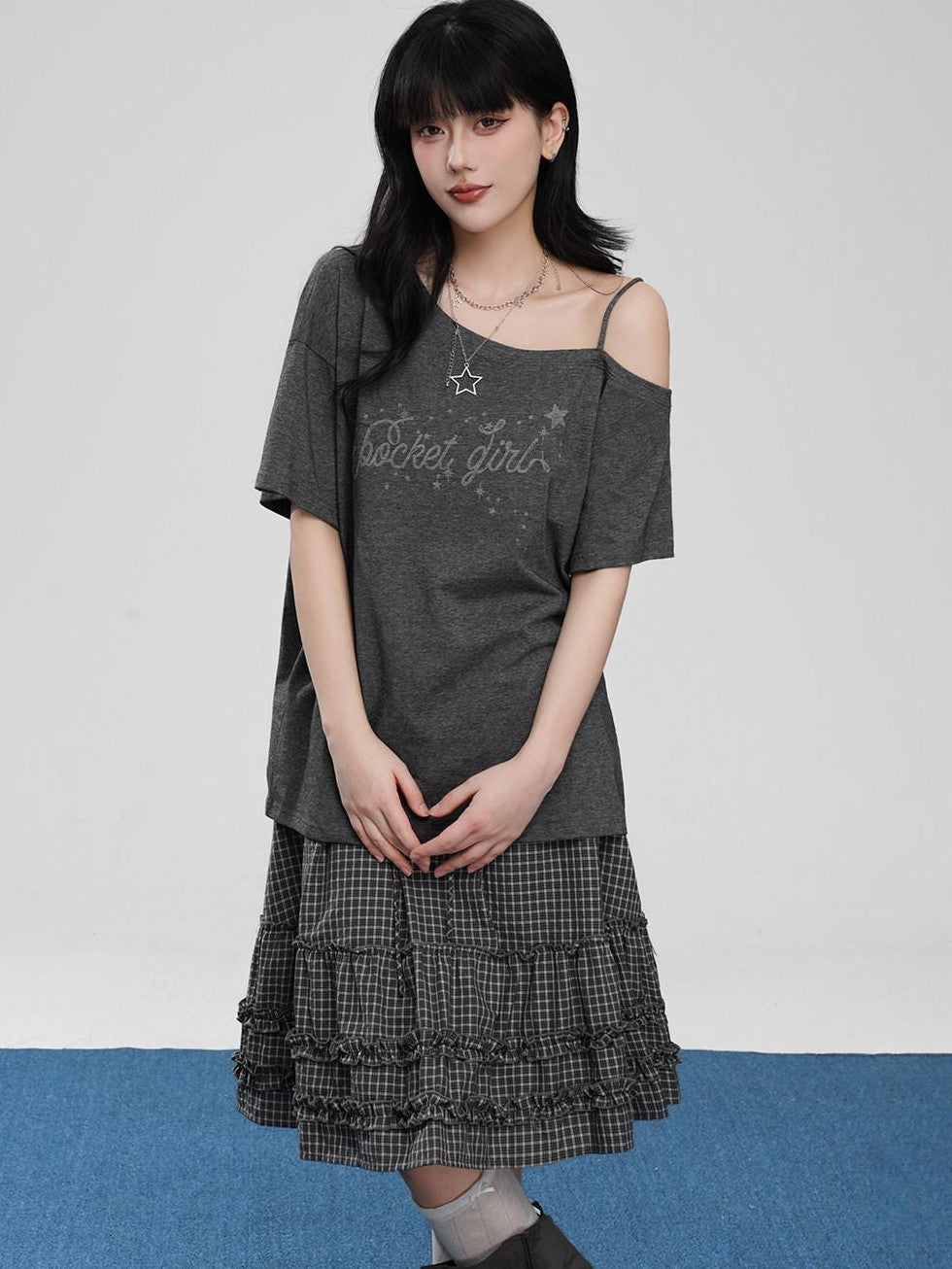 VEEMIX Asymmetric Letter Print Women's Tencel Cotton Blend Off-shoulder T-shirts