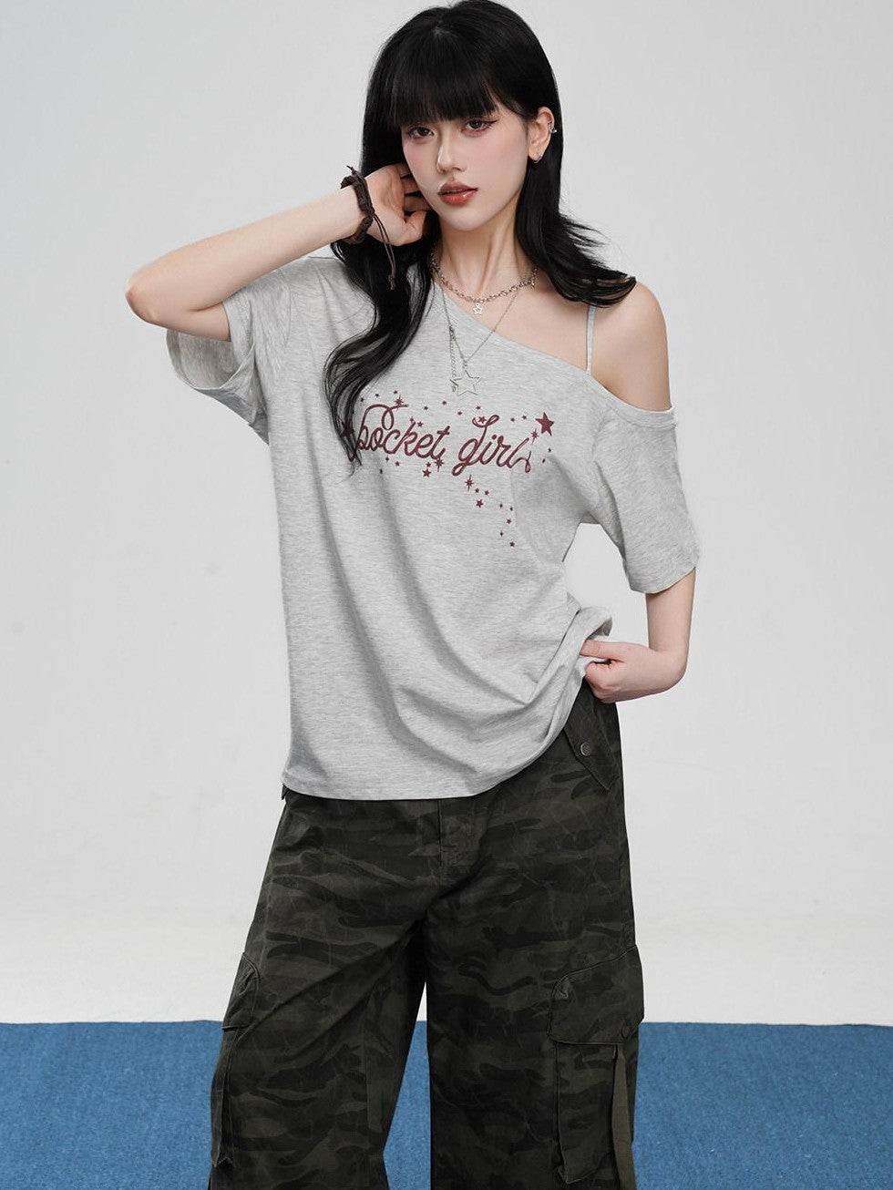VEEMIX Asymmetric Letter Print Women's Tencel Cotton Blend Off-shoulder T-shirts