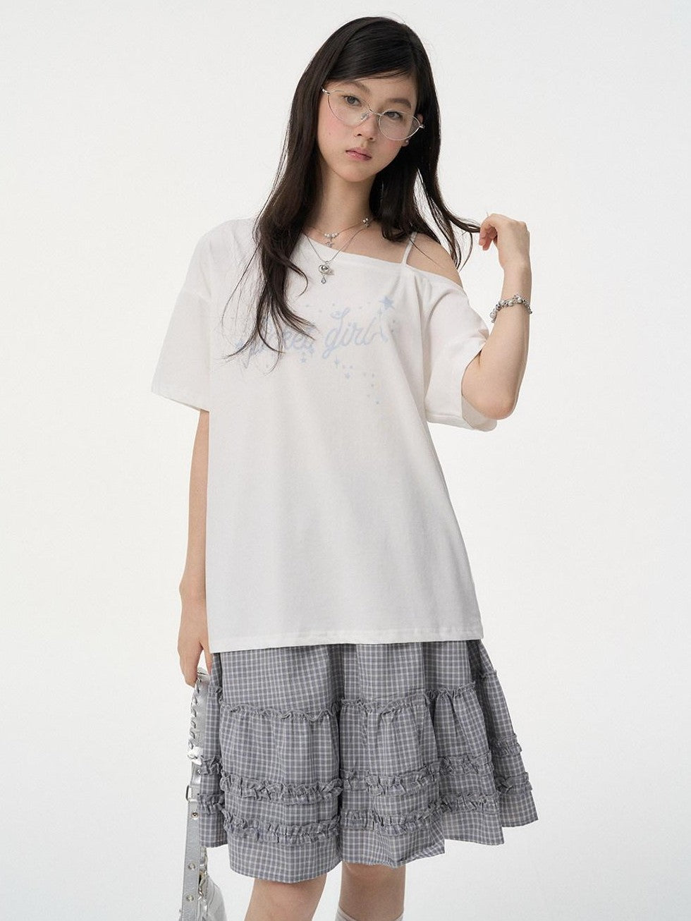 VEEMIX Asymmetric Letter Print Women's Tencel Cotton Blend Off-shoulder T-shirts