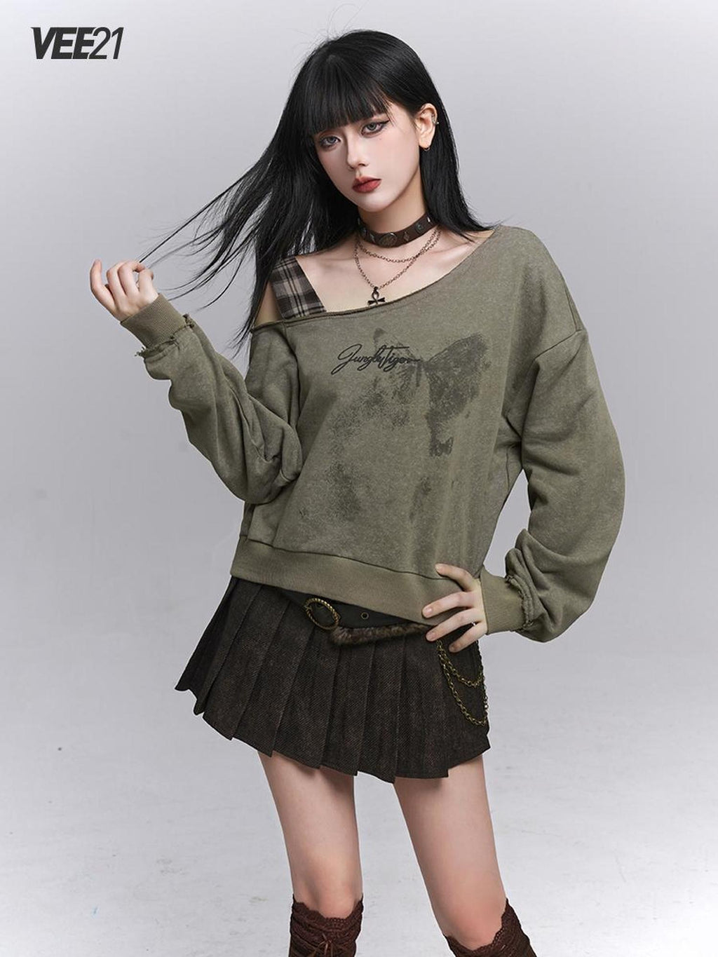 VEEMIX Asymmetric One Shoulder Loose Women's Solid Color Streetwear Sweatshirts