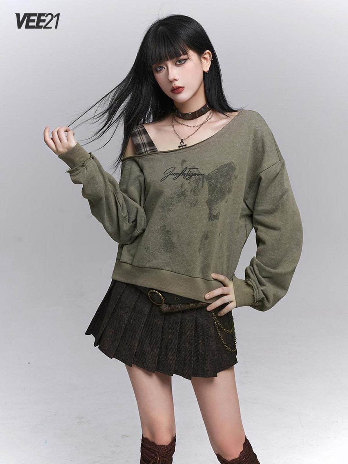 VEEMIX Asymmetric One Shoulder Loose Women's Solid Color Streetwear Sweatshirts