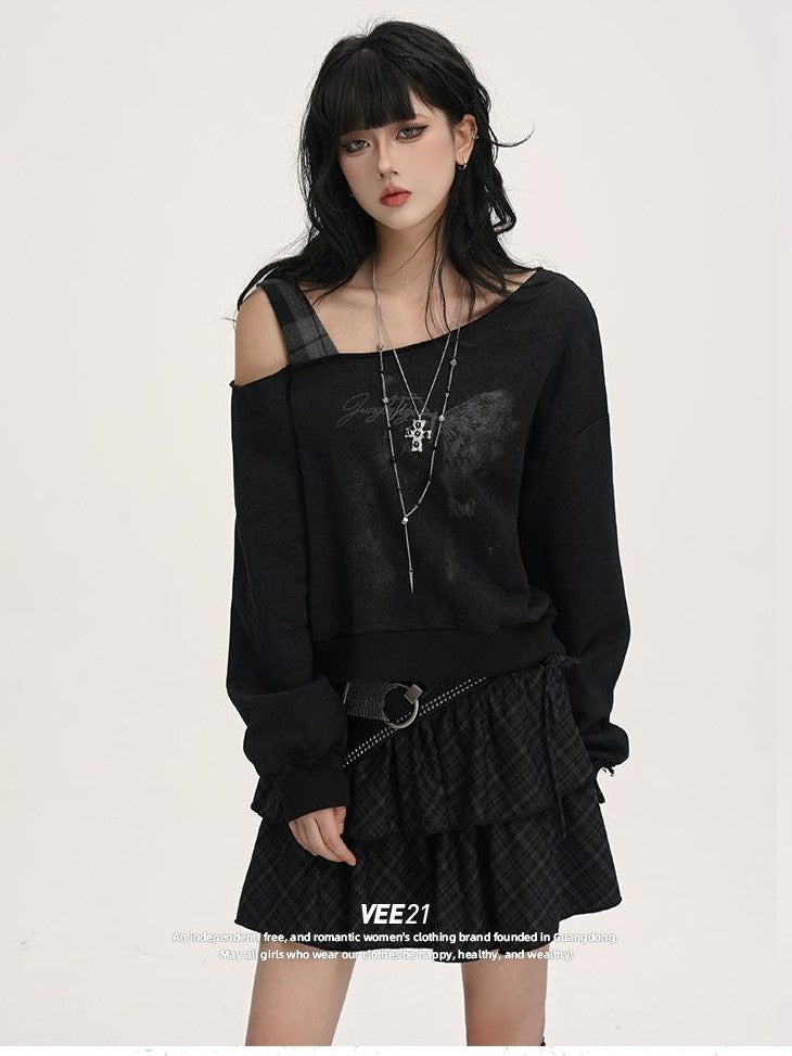 VEEMIX Asymmetric One Shoulder Loose Women's Solid Color Streetwear Sweatshirts