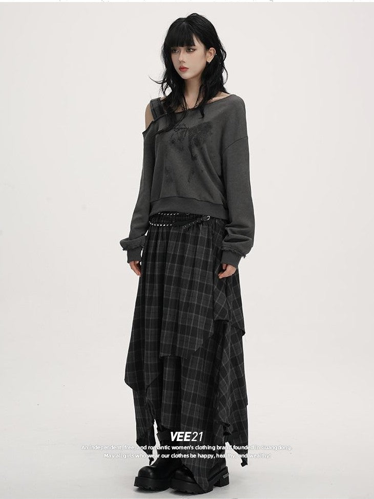 VEEMIX Asymmetric One Shoulder Loose Women's Solid Color Streetwear Sweatshirts