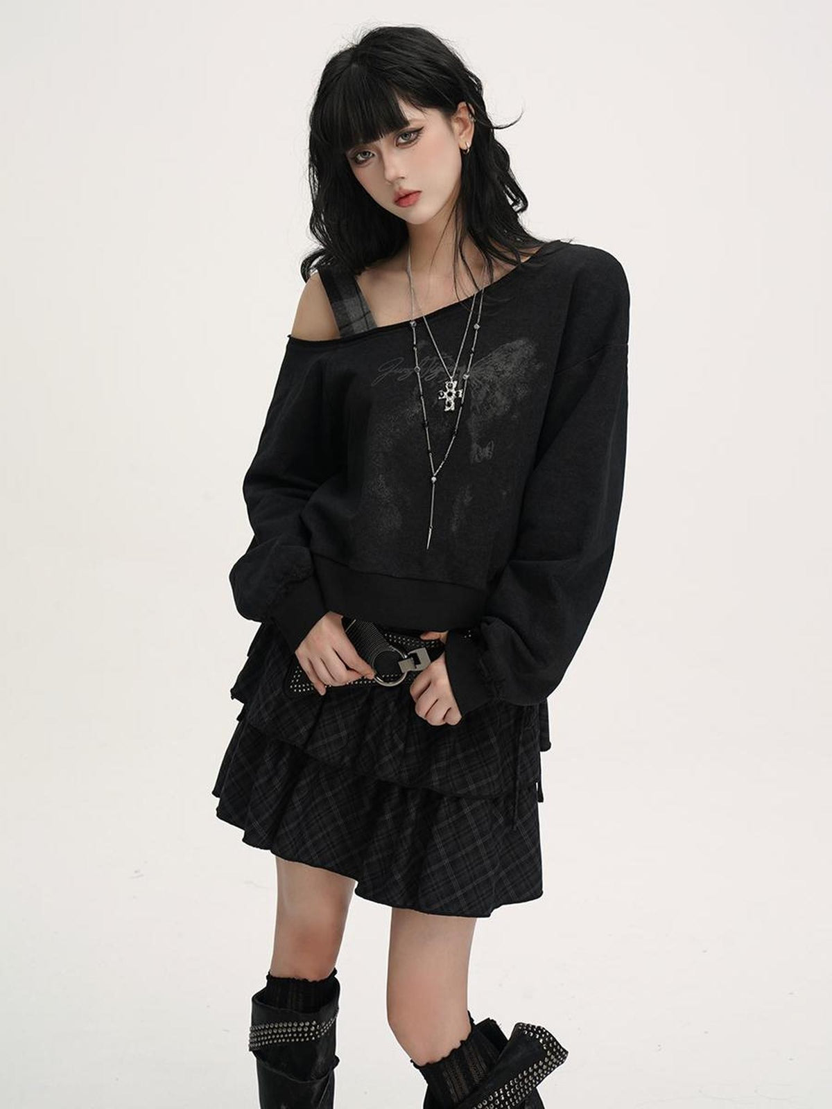 VEEMIX Asymmetric One Shoulder Loose Women's Solid Color Streetwear Sweatshirts
