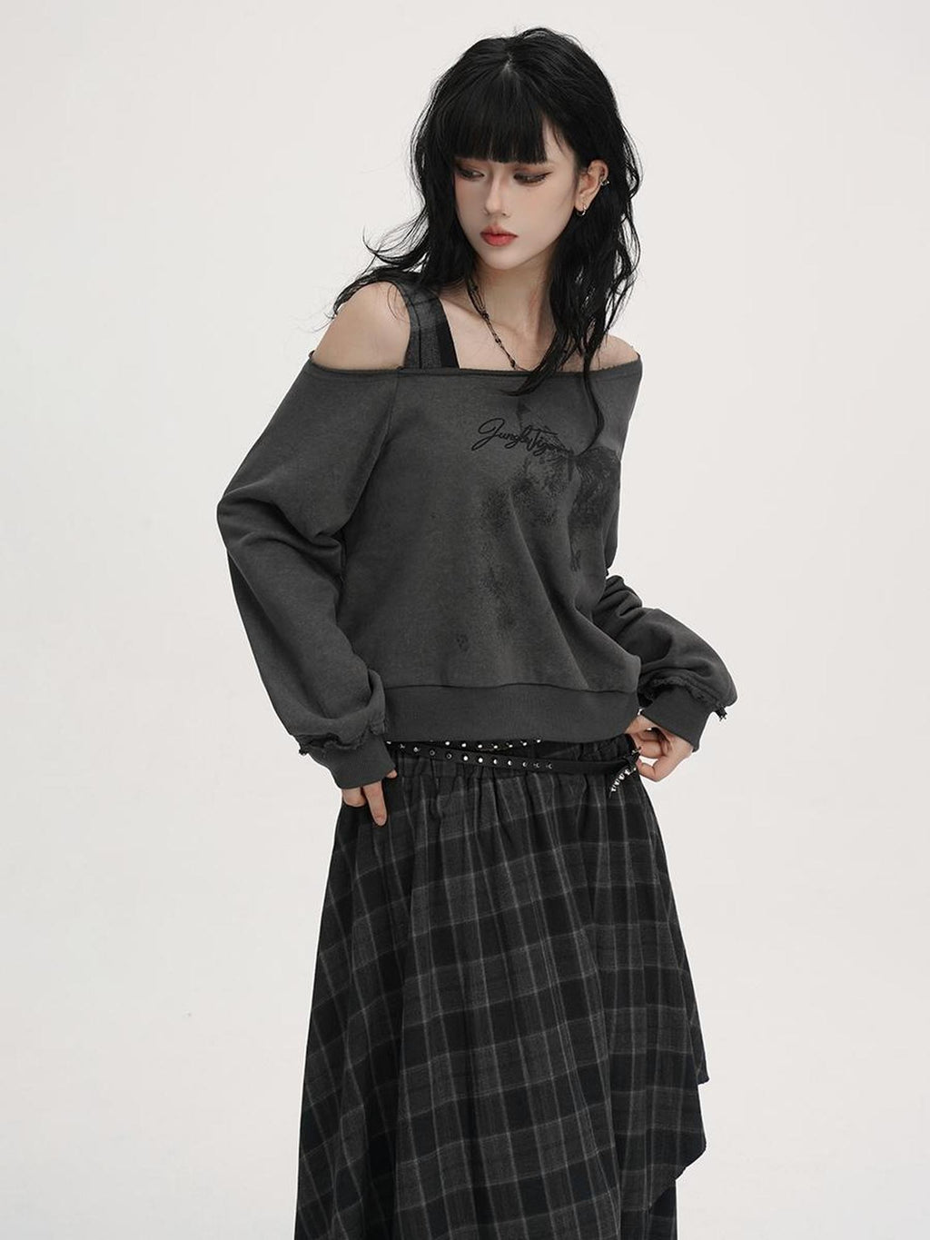 VEEMIX Asymmetric One Shoulder Loose Women's Solid Color Streetwear Sweatshirts