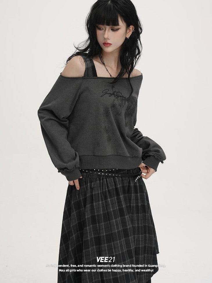 VEEMIX Asymmetric One Shoulder Loose Women's Solid Color Streetwear Sweatshirts