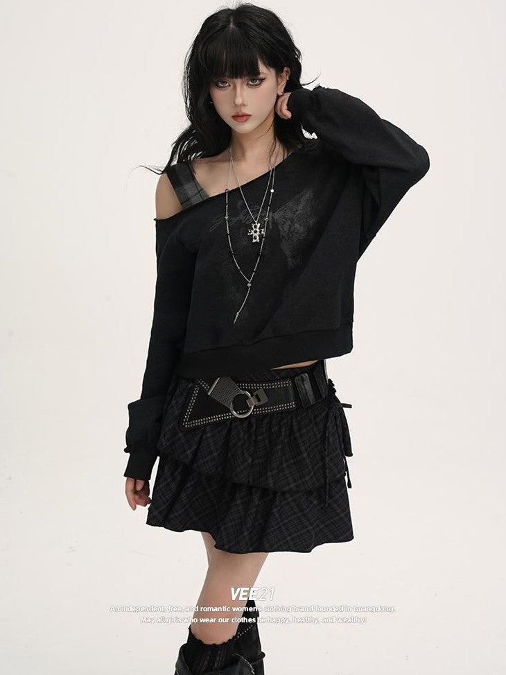 VEEMIX Asymmetric One Shoulder Loose Women's Solid Color Streetwear Sweatshirts