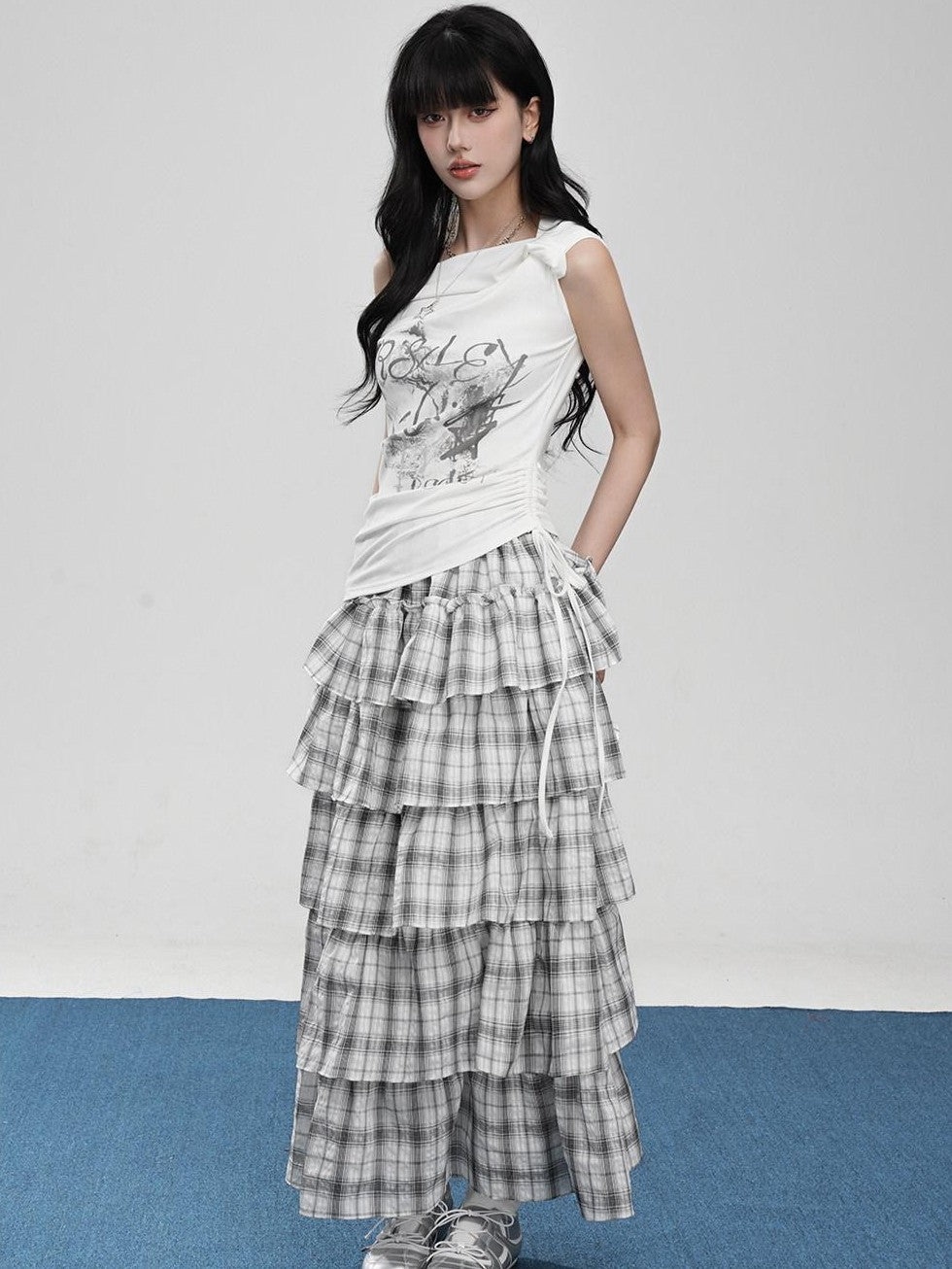 VEEMIX Asymmetric Slanted Neck Cinched Waist Letter Print Women's Off-shoulder T-shirts