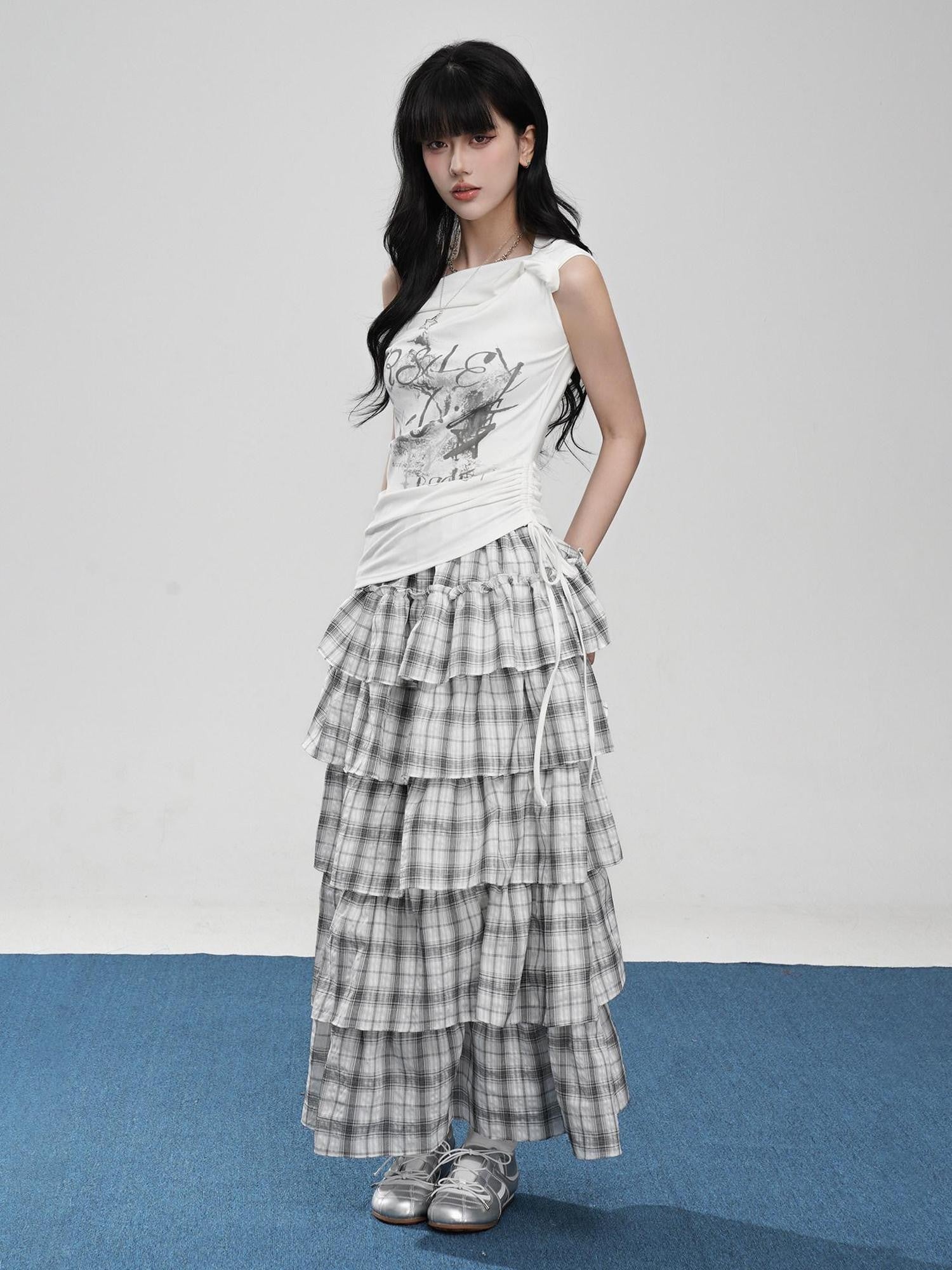 VEEMIX Asymmetric Slanted Neck Cinched Waist Letter Print Women's Off-shoulder T-shirts