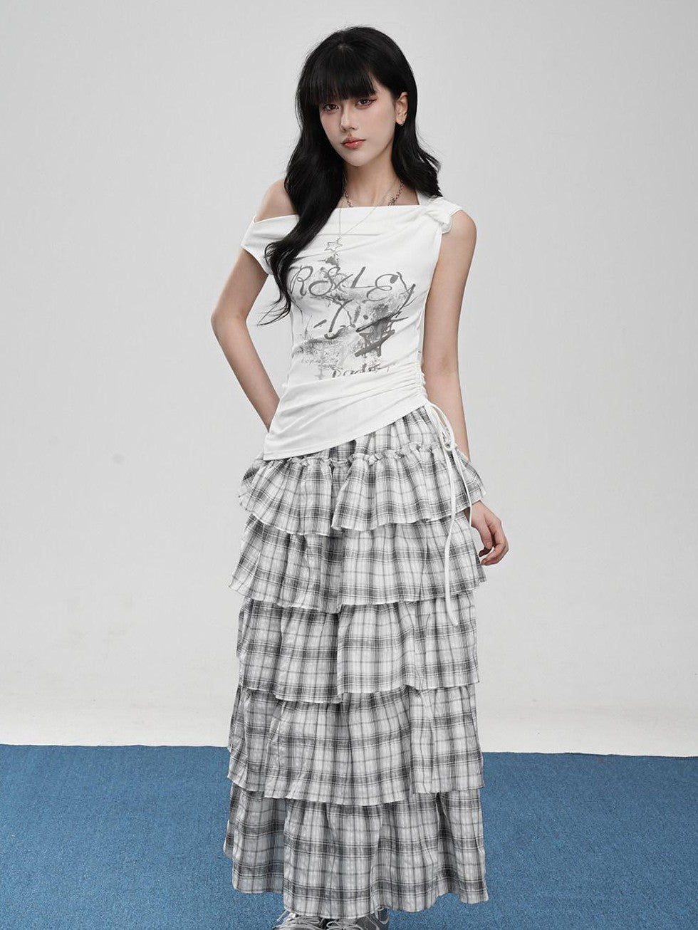 VEEMIX Asymmetric Slanted Neck Cinched Waist Letter Print Women's Off-shoulder T-shirts