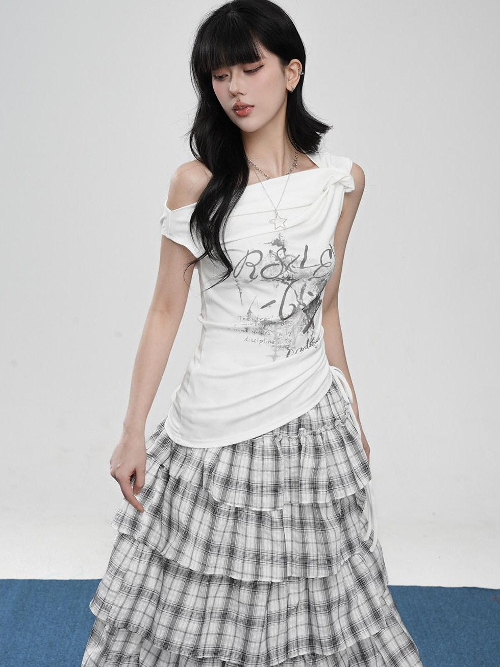 VEEMIX Asymmetric Slanted Neck Cinched Waist Letter Print Women's Off-shoulder T-shirts