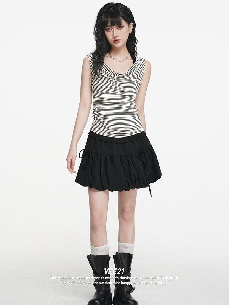 VEEMIX Ballet Flower Bud Puff Double Tie Women's Cotton Nylon Low Waist Mini Skirts