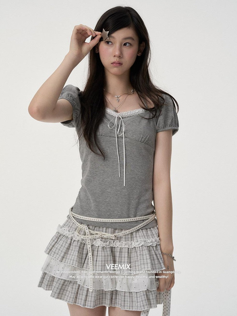 VEEMIX Ballet Plaid Tiered Lace Mesh High Waist Women's Cotton Blend Mini Skirts