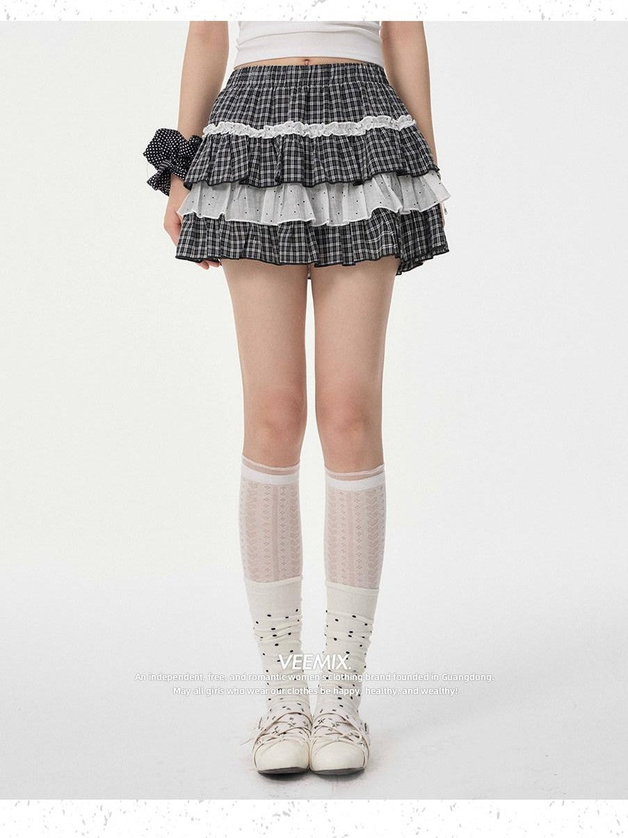 VEEMIX Ballet Plaid Tiered Lace Mesh High Waist Women's Cotton Blend Mini Skirts