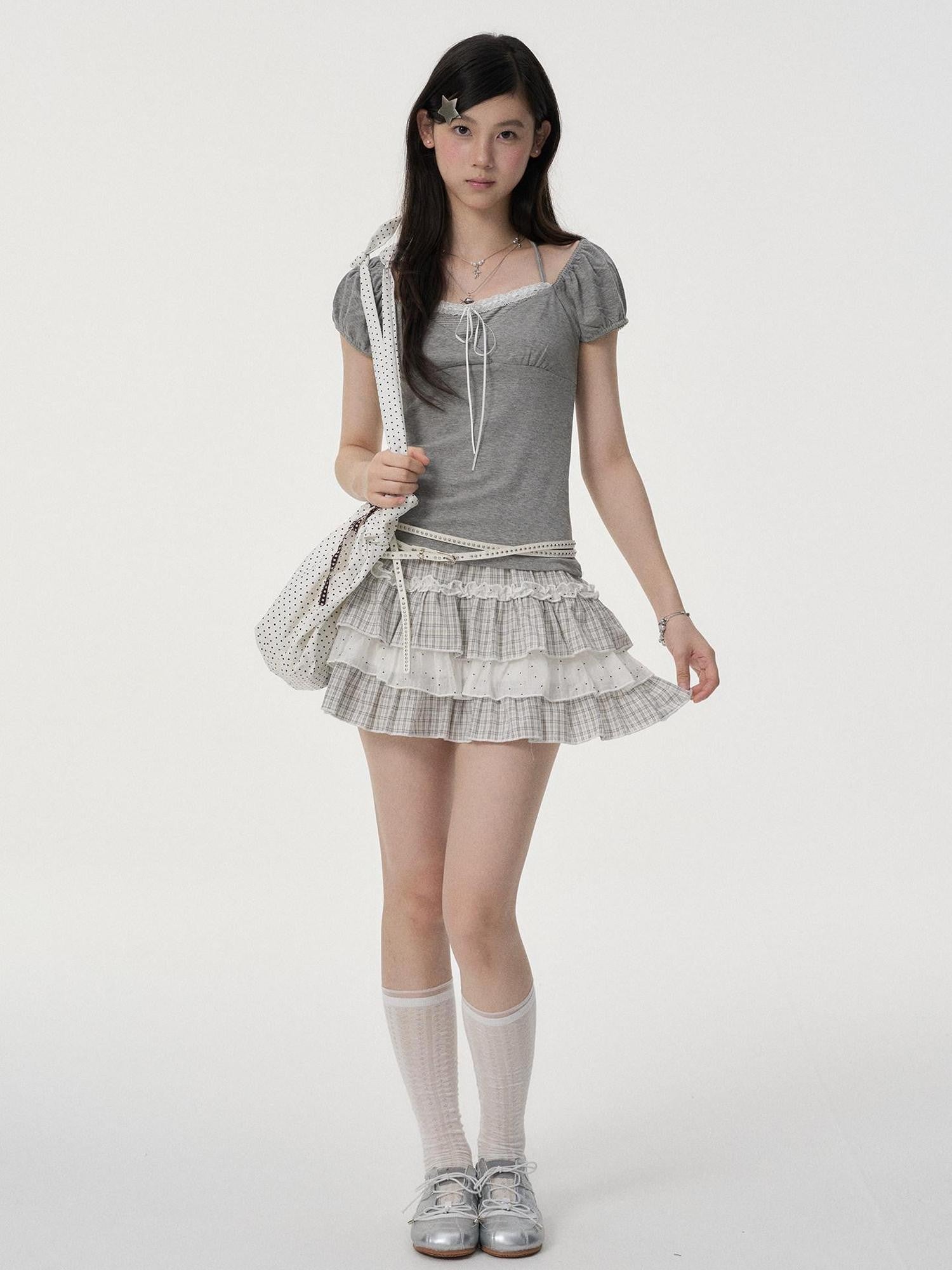 VEEMIX Ballet Plaid Tiered Lace Mesh High Waist Women's Cotton Blend Mini Skirts