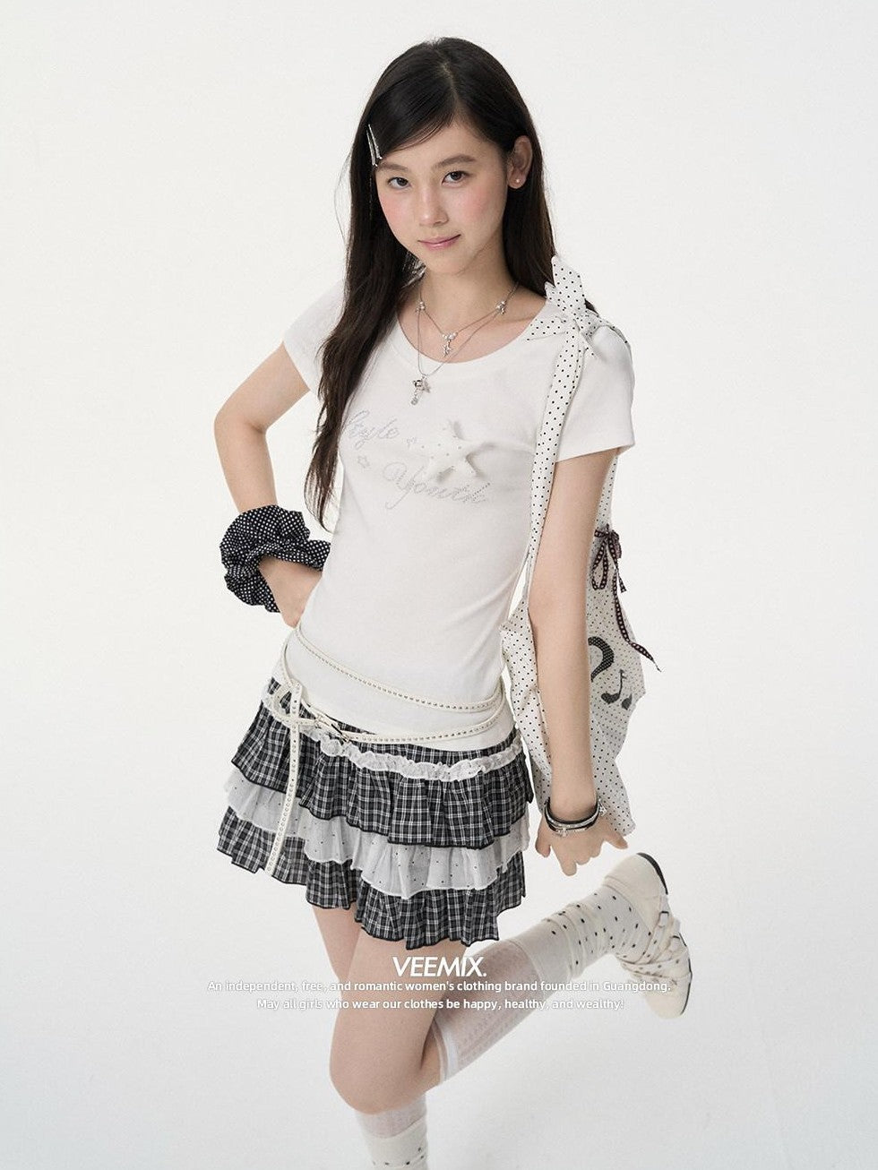 VEEMIX Ballet Plaid Tiered Lace Mesh High Waist Women's Cotton Blend Mini Skirts
