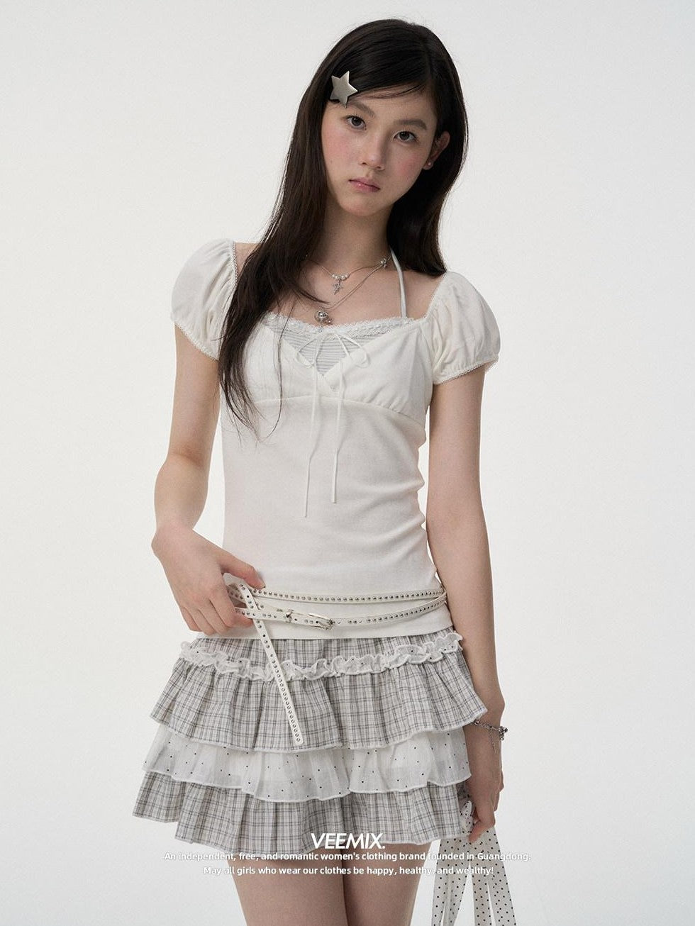 VEEMIX Ballet Plaid Tiered Lace Mesh High Waist Women's Cotton Blend Mini Skirts