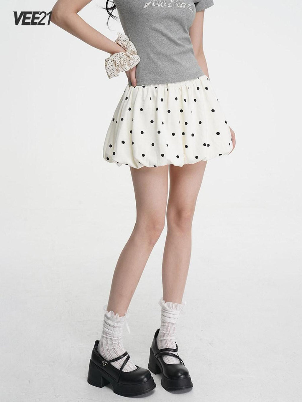 VEEMIX Ballet Polka Dot Pleated Puff A Line Women's Polyester Mini Skirts