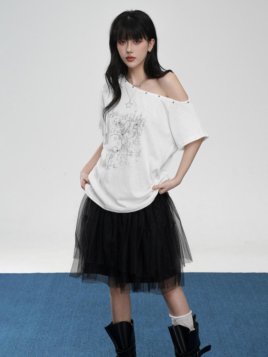 VEEMIX Beaded Asymmetrical Print Drop Shoulder Women's Off-shoulder T-shirts