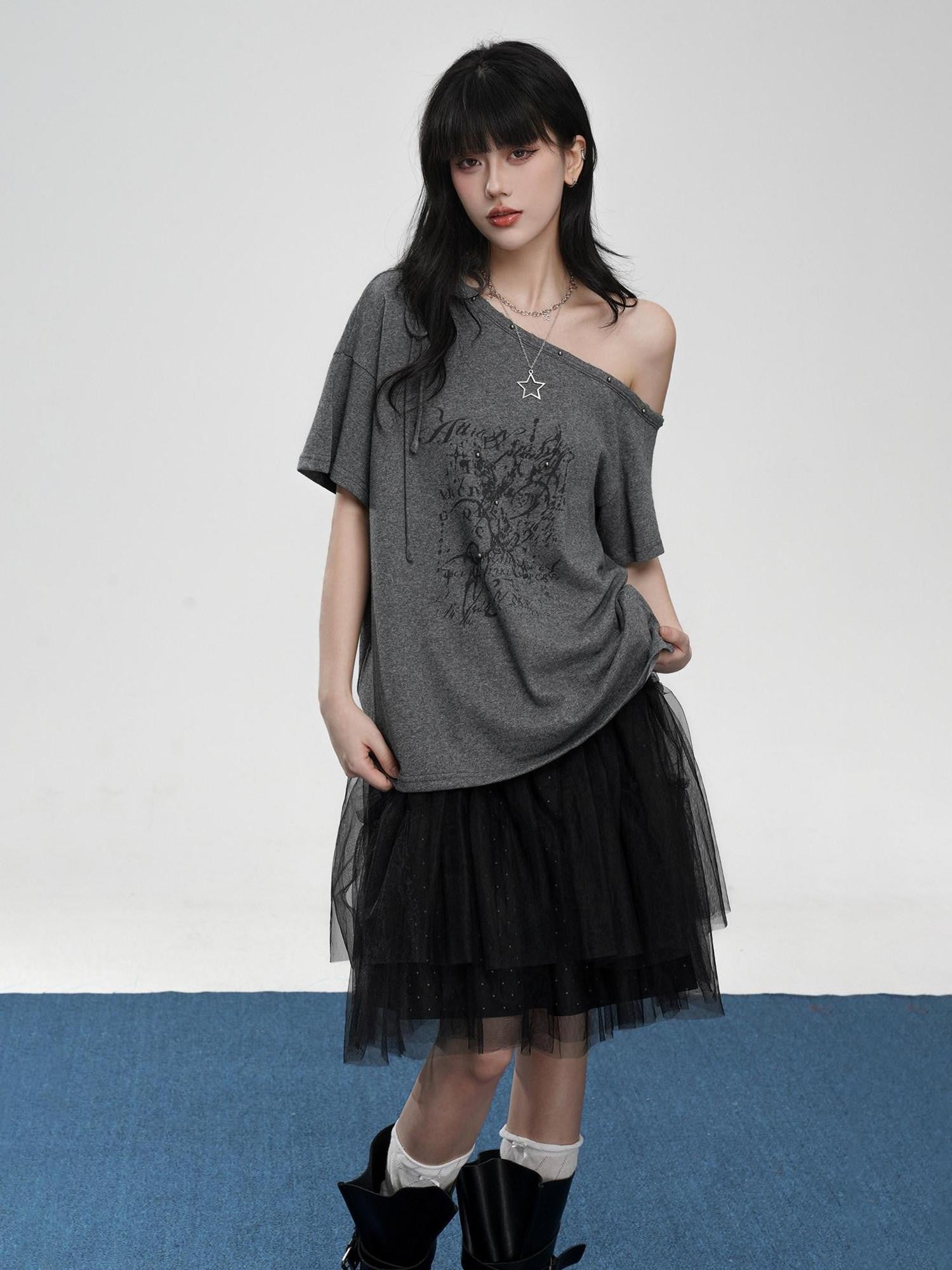 VEEMIX Beaded Asymmetrical Print Drop Shoulder Women's Off-shoulder T-shirts