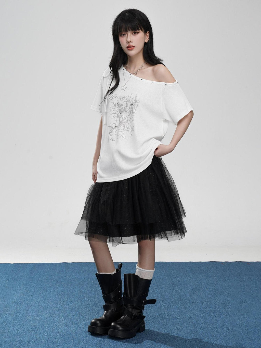 VEEMIX Beaded Asymmetrical Print Drop Shoulder Women's Off-shoulder T-shirts