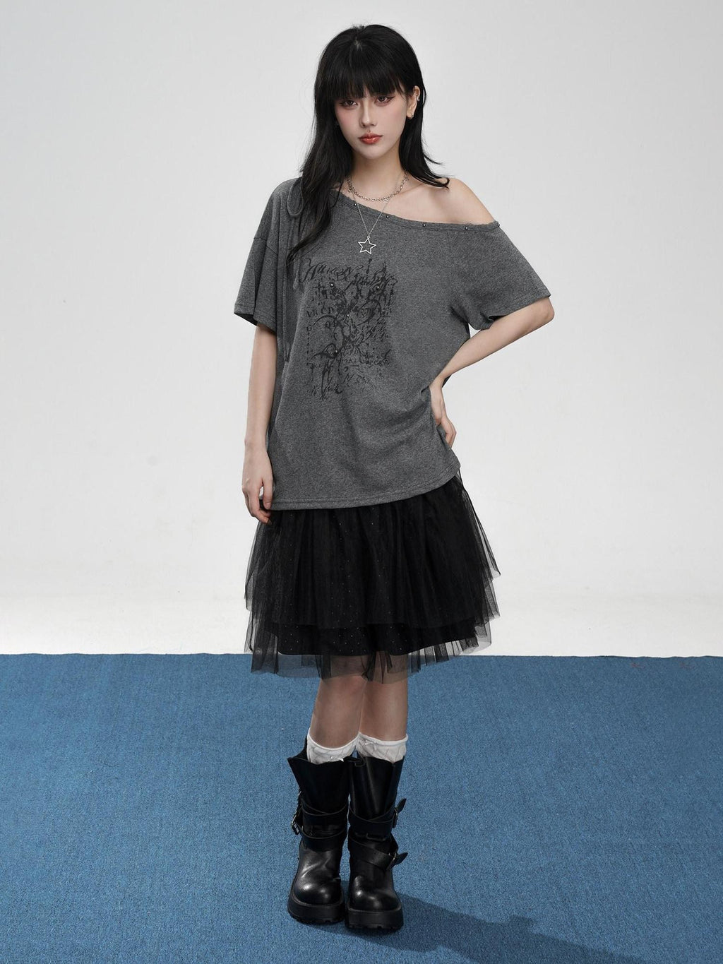 VEEMIX Beaded Asymmetrical Print Drop Shoulder Women's Off-shoulder T-shirts